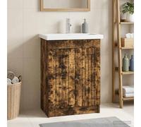 Ordellia Armoire sous évier Salle de Bain chêne fumé en Bois d ingénierie 56 x 37,5 x 81 cm avec 1 étagère poignées Noires, Rangement Meuble lavabo pour Salle d Eau