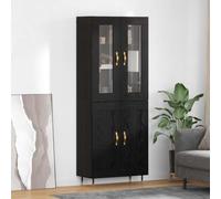 Ordellia Armoire vaisselier en Bois d ingénierie chêne Noir rectangulaire, 69,5 x 34 x 180 cm, 2 buffets avec Portes en Verre, Rangement Cuisine Salon Couloir, et stabilité