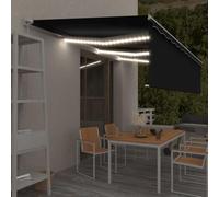 Ordellia Auvent Manuel rétractable avec Store et LED 6x3 m Anthracite, Aluminium Enduit de Poudre, Polyester PU, éclairage Solaire, Brise Vue, pergola, terrasse