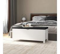 Ordellia Banc avec espace de rangement et coussin, blanc, 105 x 40 x 45 cm, en bois, coffre de rangement, coffre de rangement, coffre avec couvercle avec charnière pour salon, chambre à coucher
