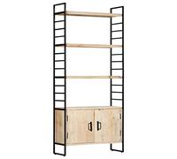 Ordellia Bibliothèque à 4 Niveaux en Bois de manguier Massif 80x30x180 cm, Cadre en Fer Enduit de Poudre, avec 2 Portes et 3 étagères, Rangement Livre Bureau Salon