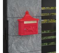 Ordellia Boîte aux lettres murale en fonte d'aluminium rouge avec serrure et toit anti-pluie, 40,5 x 16 x 45 cm, style vintage pour extérieur, jardin, clôture et porte d'entrée