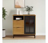 Ordellia Buffet en Bois Massif de pin FLAM 80 x 40 x 80 cm avec Porte vitrée Verre trempé, 2 tiroirs et Compartiment Ouvert, Rangement et Affichage Salon