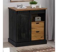 Ordellia Buffet Halden Noir en Bois de pin Massif 80x40x80 cm, Porte coulissante métal, 2 tiroirs, Meuble Rangement Salon Salle à Manger entrée Chambre Bureau,