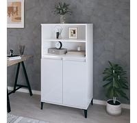 Ordellia Buffet Haut Blanc Brillant en Bois d ingénierie 60 x 36 x 110 cm avec 2 étagères Ouvertes et Compartiments, Armoire de Rangement pour Salon Salle à Manger