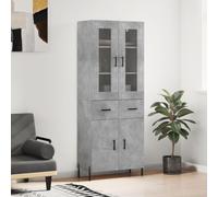 Ordellia Buffet Haut Gris béton en Bois d ingénierie avec Pieds en métal, 69,5 x 34 x 180 cm, Espace de Rangement pour Vaisselle et Linge, Armoire vitrine