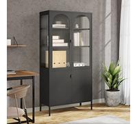 Ordellia Buffet Haut Noir 90x40x180 cm en Acier Enduit de Poudre et Verre cannelé, 3 étagères réglables, Meuble Rangement Buffet pour Salon Cuisine,