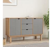 Ordellia Buffet OTTA en Bois de pin Massif Marron et Gris, 113,5 x 43 x 73 cm, 3 tiroirs et 2 Portes, Rangement pour Salon Salle à Manger Cuisine, Fixation Murale Incluse