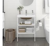 Ordellia Cadre de lavabo Salle Bain Blanc en Fer Enduit de Poudre avec Vasque encastrable en céramique, 59 x 38 x 83 cm, trop-Plein, pour Douche buanderie WC Rangement