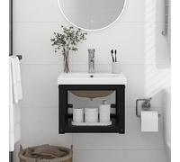 Ordellia Cadre lavabo Salle Bain Noir en Fer Enduit de Poudre avec Vasque encastrable céramique, Meuble lavabo Salle Bain Mural, Rangement WC, pour Douche et buanderie, Design Moderne