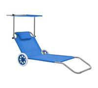Ordellia Chaise Longue Pliable avec auvent et Roues en Acier Bleu, Bain Soleil transat lit chilienne Fauteuil Relax inclinable Dossier réglable, Jardin terrasse Plage extérieur Confort