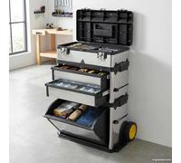 Ordellia Chariot à outils 3 pièces en polypropylène et acier inoxydable à roulettes avec 2 tiroirs verrouillables pour atelier, garage, cave et rangement de bricolage Argenté