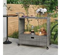 Ordellia Chariot de bar gris avec tiroir 100 x 45 x 97 cm en poly rotin, chariot de service avec roulettes et fonction de verrouillage, chariot de cuisine avec espace de rangement pour cuisine, jardin