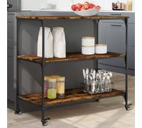 Ordellia Chariot de cuisine en bois de chêne fumé avec cadre en acier, 102 x 50 x 95 cm, 4 roulettes avec freins, espace de rangement pour cuisine, épices, vaisselle, couverts et accessoires de