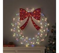 Ordellia Couronne acrylique multicolore avec 60 LED, 76 x 76 x 8,5 cm, alimentée par USB, avec télécommande, nœud scintillant et anneau de suspension pour décoration de Noël intérieure et extérieure