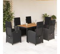 Ordellia Ensemble à Manger de Jardin 7 pcs résine tressée Noire avec Table Bois d’Acacia, 6 fauteuils inclinables à Coussins Amovibles, pour terrasse Balcon Repas détente