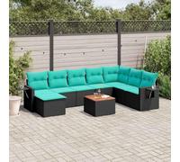 Ordellia Ensemble canapé de Jardin modulable 9 pièces en résine tressée Noire avec Coussins Bleus, terrasse Patio Balcon véranda, Fauteuil Angle Pouf siège et Table d'appoint