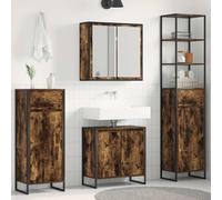 Ordellia Ensemble de Meuble lavabo Salle Bain en chêne fumé Bois d ingénierie et Acier, Armoire Rangement Suspendue avec tiroir, 12 étagères, 6 Portes, Miroir, pour Petits espaces intérieurs