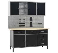 Ordellia Ensemble d'établi avec 4 murs à outils et 2 armoires murales, 160 x 60 cm, capacité de charge de 500 kg, établi de montage en bois en acier pour atelier, garage, rangement d'outils