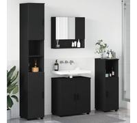 Ordellia Ensemble Meuble lavabo Salle Bain Noir, Armoire Rangement Vasque Suspendu, Miroir Simple, Colonne et Meuble Bas, Bois d ingénierie métal, 4 pièces pour WC Douche buanderie