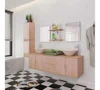 Ordellia Ensemble Meuble Salle de Bain 11 pcs Beige avec lavabo Vasque en céramique miroirs armoires murales étagères Robinet chromé pour Rangement