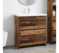 Ordellia Ensemble mobilier Salle de Bain Bois Ancien, Meuble lavabo avec Vasque, Armoire Rangement 2 tiroirs, sous Placard avec Cache Siphon, pour Espace intérieur Moderne