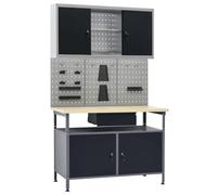 Ordellia Établi avec mur à outils et armoire murale, banc d'atelier en acier et bois 120 x 60 x 85 cm, capacité de charge de 300 kg, tiroir, étagère, mur perforé pour garage et atelier