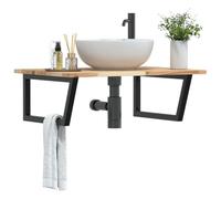 Ordellia Étagère de Vasque Murale Acier Noir et Bois Massif d’Acacia 100 x 60 x 2 cm pour Rangement Salle de Bain, Support trapèze 100 kg, Montage Flottant