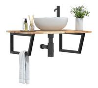 Ordellia Étagère de Vasque Murale en Acier Noir et Bois Massif d’Acacia, Meuble lavabo Salle Bain Flottant trapèze 80 x 60 cm pour Double ou Simple Usage, Rangement
