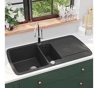 Ordellia Évier de cuisine en granit double bac noir, robuste et résistant à la chaleur jusqu'à 280°C, avec siphon, bonde et panier, montage réversible pour comptoirs en inox ou céramique