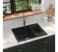 Ordellia Évier de cuisine en granit noir avec deux lavabos, trou de trop-plein, résistant à la chaleur jusqu'à 280°C, montage en haut, compatible meubles inox et céramique, idéal pour cuisine