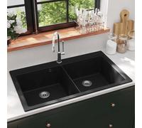 Ordellia Évier de cuisine encastrable double bac en granit noir résistant à la chaleur jusqu'à 280°C avec siphon, facile à poser, pour cuisine, buanderie ou atelier, finition élégante