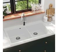Ordellia Évier de cuisine encastrable double bacs en granit blanc solide, résistant à la chaleur, rayures et taches, pour plan de travail, avec siphon et vidage inclus