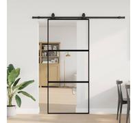 Ordellia Ferrure de porte coulissante noire 90 x 205 cm en verre trempé avec kit de rails en acier revêtu par pulvérisation, verre de 5 mm, butoir insonorisant pour porte de chambre et passage