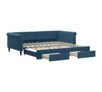 Ordellia Lit de Jour avec gigogne et tiroirs Bleu en Velours 100x200cm Cadre en Bois Massif et métal canapé-lit Multifonction pour Chambre et Salon Rangement Pratique
