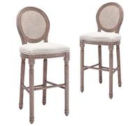 Ordellia Lot de 2 tabourets de bar en lin blanc, bois massif et rotin, 48 x 52 x 123 cm, hauteur d'assise 77 cm, chaise de bar rembourrée pour cuisine, salle à manger, comptoir et île de cuisine