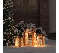 Ordellia Lot de 3 boîtes cadeau de Noël - Blanc chaud - 20 x 20 x 20 cm - En PET - 60 LED - Fonctionnement USB - Pour l'intérieur et l'extérieur protégés - Décoration festive avec arc rouge