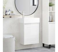 Ordellia Meuble de salle de bain blanc brillant avec lavabo en céramique et robinet mélangeur, 45,5 x 22,5 x 84 cm, montage mural, espace de rangement, porte réversible, meuble de salle de bain pour