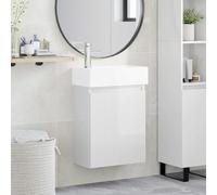 Ordellia Meuble de salle de bain blanc brillant avec robinet, montage mural, espace de rangement et porte réversible, 45,5 x 22,5 x 84 cm, meuble de salle de bain pour WC et buanderie