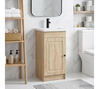 Ordellia Meuble de Salle de Bain en Bois d’ingénierie chêne Sonoma, avec Vasque encastrable, Rangement sous Placard, Robinet Noir, Portes à charnières, pour Salle de Bain