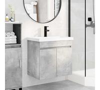 Ordellia Meuble de salle de bain gris béton avec lavabo et mitigeur noir, espace de rangement avec portes battantes, montage mural, meuble de salle de bain moderne pour invités WC et salle de bain