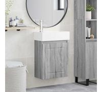 Ordellia Meuble de salle de bain gris Sonoma avec lavabo en céramique blanche et robinet mélangeur, 45,5 x 22,5 x 84 cm, montage mural, espace de rangement, porte réversible, meuble de salle de bain