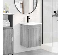 Ordellia Meuble de salle de bain gris Sonoma avec lavabo en céramique et mitigeur noir, montage mural, 42 x 40 x 74,5 cm, espace de rangement avec armoire et étagère pour salle de bain et WC d'invités