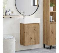 Ordellia Meuble de Salle de Bain Mural chêne Artisanal avec Robinet mélangeur, Vasque en céramique Blanche, Rangement et vidange à Poussoir, Portes réversibles, 45,5 x 25,5 x 84 cm