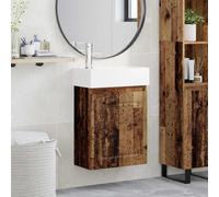 Ordellia Meuble sous lavabo de salle de bain en bois vieilli avec lavabo en céramique et robinet mitigeur, montage mural, espace de rangement avec armoire et porte réversible, meuble de salle de bain