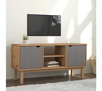 Ordellia OTTA Meuble TV en bois massif de pin marron et gris, 113,5 x 43 x 57 cm, design scandinave, avec étagère et portes, pour salon et chambre à coucher