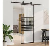 Ordellia Porte en verre rayée noire en aluminium, 76 x 2 x 205 cm, porte coulissante pour intérieur, avec butée de porte, translucide, pour salon, salle à manger, appartement et rénovation
