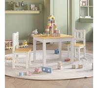 Ordellia Salon de jardin 3 pièces pour enfant blanc beige en MDF, table 60 x 50 x 48 cm et 2 chaises 25 x 25 x 55 cm, pour peindre, bricoler, manger dans la chambre d'enfant