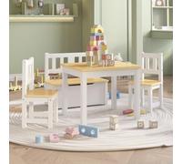 Ordellia Salon de jardin 4 pièces pour enfants, blanc, beige, table en MDF avec 2 chaises et banc, 60 x 50 x 48 cm, 25 x 25 x 55 cm, pour peinture, bricolage, jeux et espace de rangement