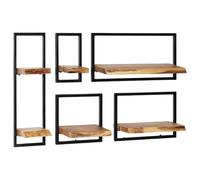 Ordellia Set d’étagères murales 5 pcs en Bois d’Acacia Massif et Acier Enduit de Poudre, Style rétro Industriel, 6 tablettes, pour Salon Chambre Cuisine Bureau Couloir, Rangement Mural décoratif